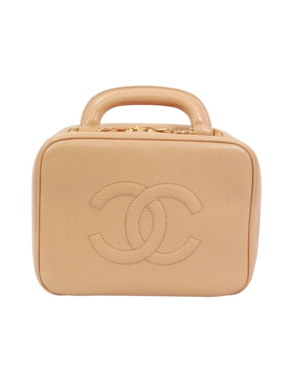 Chanel CC Logo Vanity Bag Caviar Leather Beige Handbag Gold